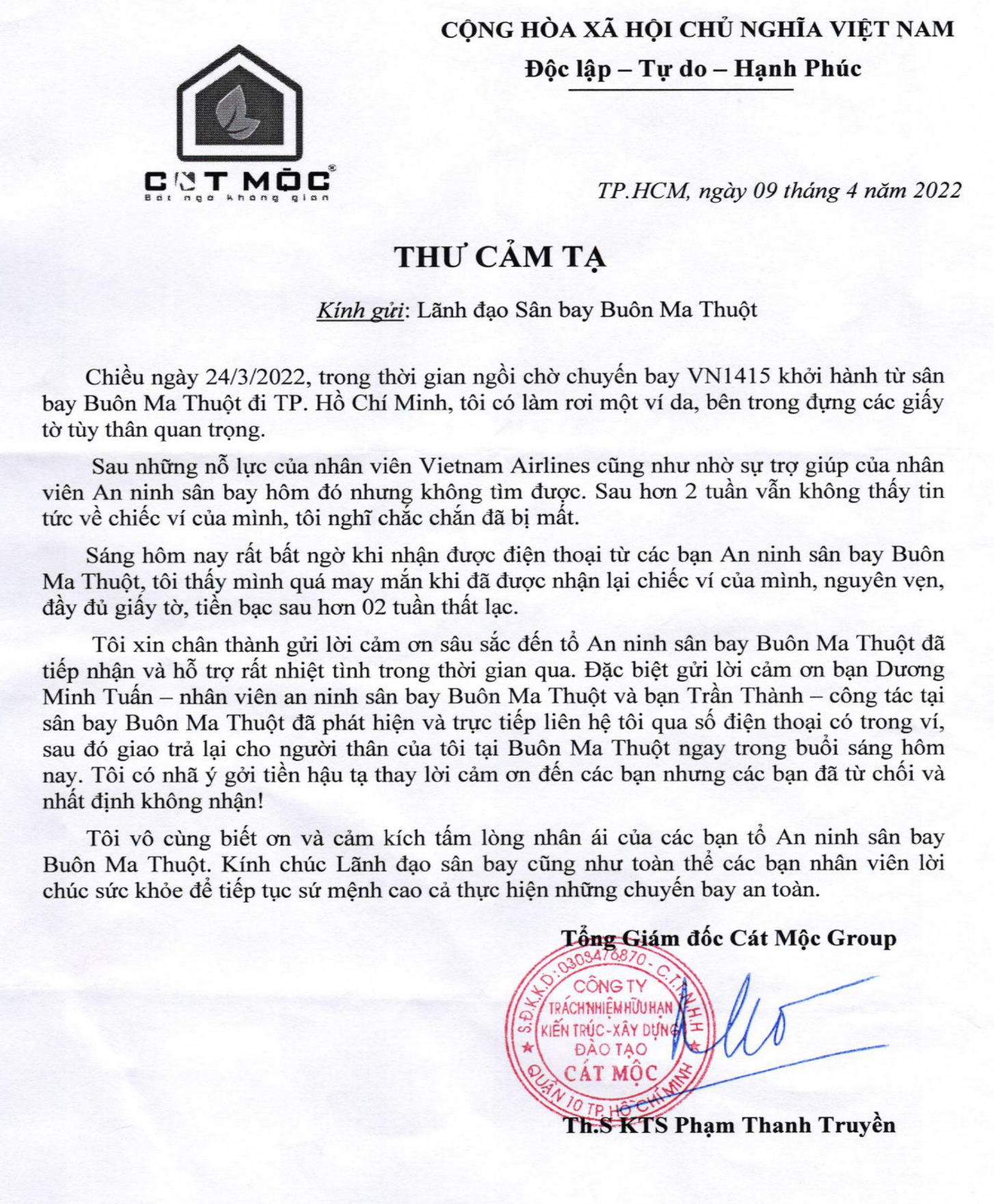 Bức thư cảm tạ của hành khách Phạm Thanh Truyền gửi đến Cảng hàng không Buôn Ma Thuột